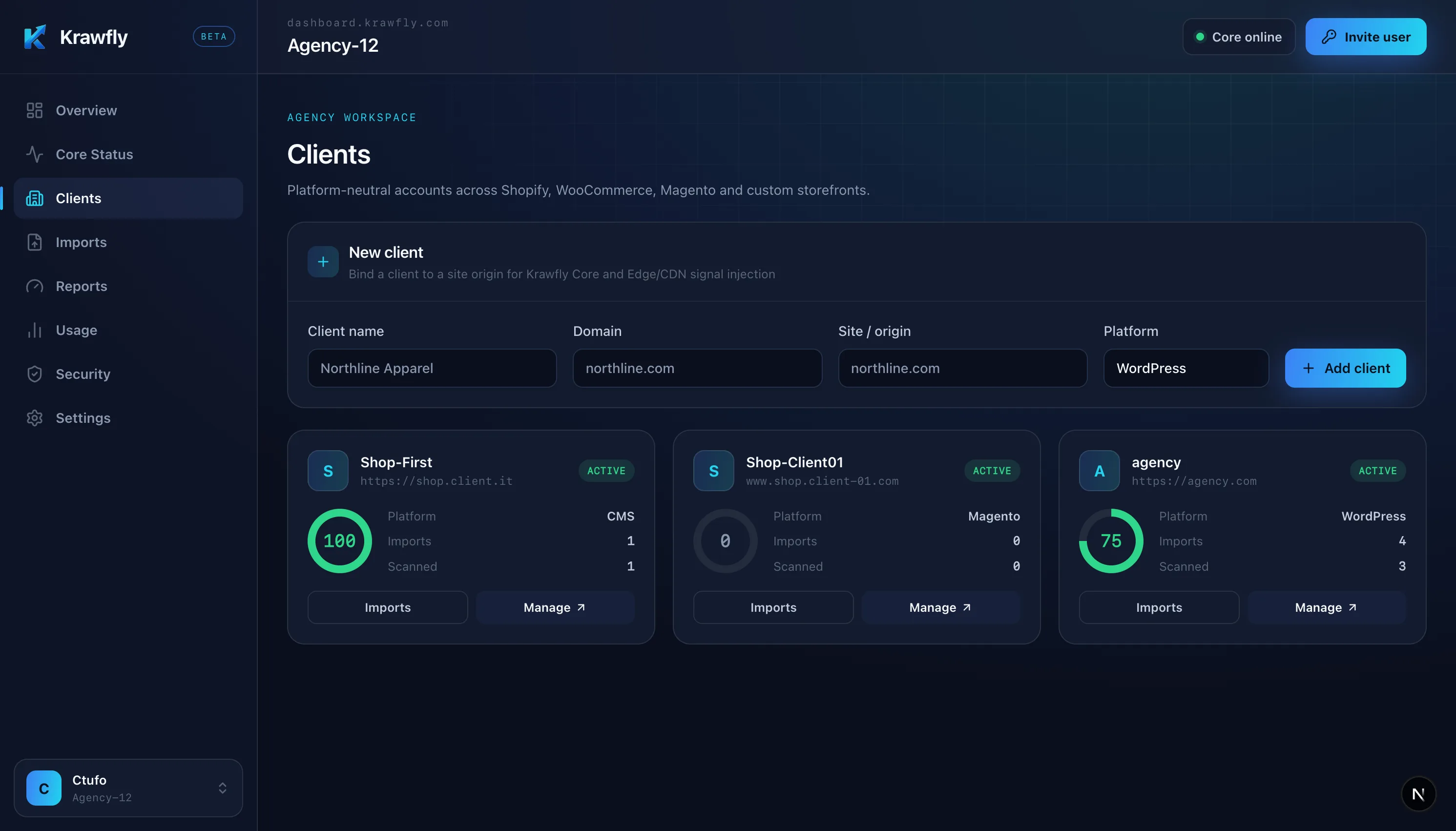 Krawfly Agency Dashboard — multi-platform client management